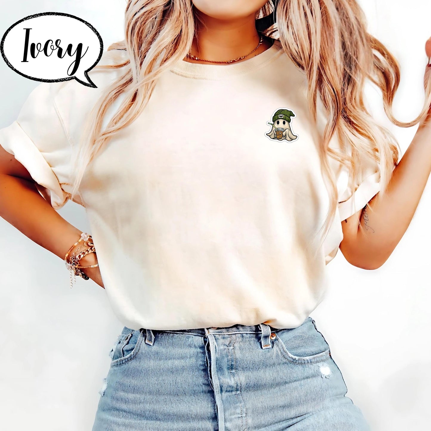 Comfort Colors® Embroidered Halloween Ghost Shirt, Spooky Season Tee, Minimal Pocket Ghost Top, Coffee Lover T Shirt, Cozy Fall Outfit