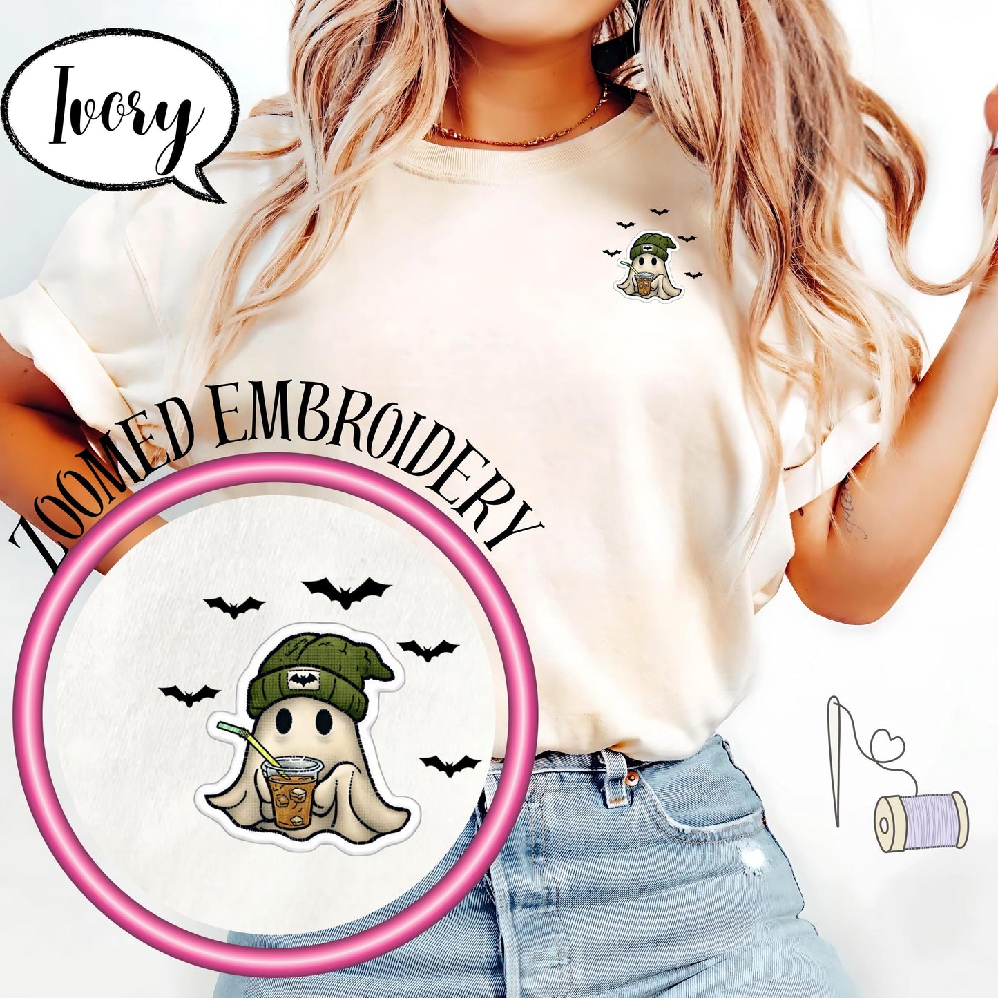 Comfort Colors® Embroidered Ghost Shirt, Minimal Halloween T Shirt, Cute Coffee Ghost Pocket Top, Spooky Season Tee, Fall Graphic Shirt