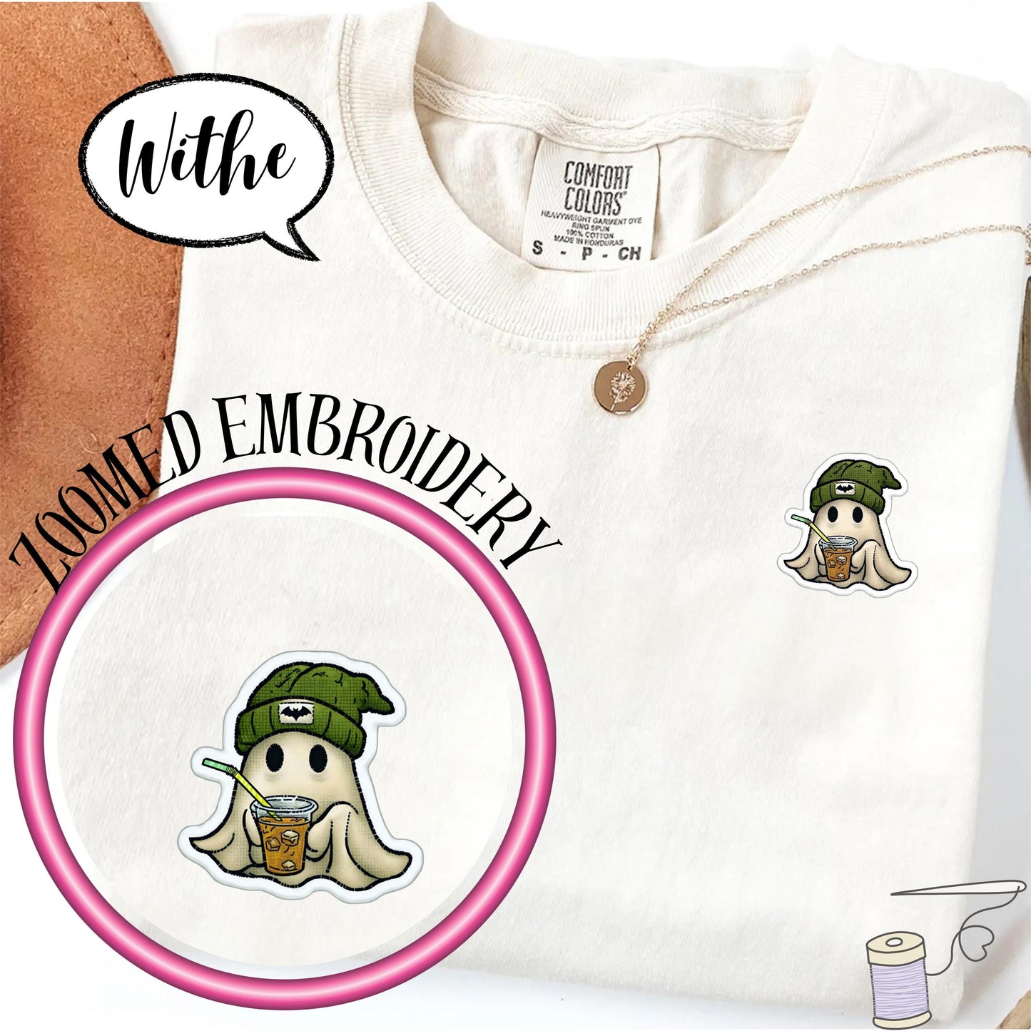 Comfort Colors® Embroidered Halloween Ghost Shirt, Spooky Season Tee, Minimal Pocket Ghost Top, Coffee Lover T Shirt, Cozy Fall Outfit