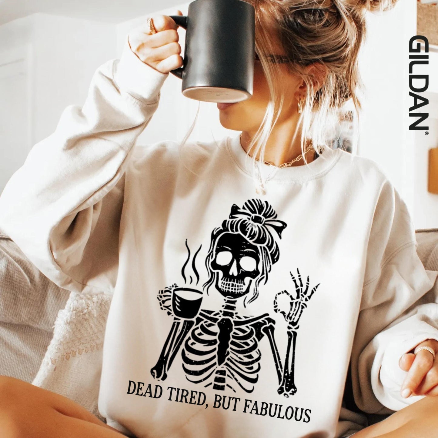 Messy Bun Drinking Coffee For Women Never Better Skeleton T-Shirt, Funny Skeleton T-Shirt, Coffee Lovers Gift Skull retro Halloween Shirt