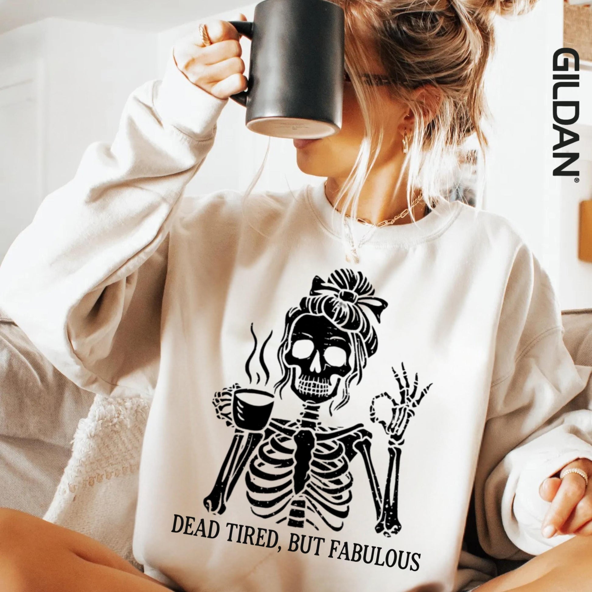 Messy Bun Drinking Coffee For Women Never Better Skeleton T-Shirt, Funny Skeleton T-Shirt, Coffee Lovers Gift Skull retro Halloween Shirt